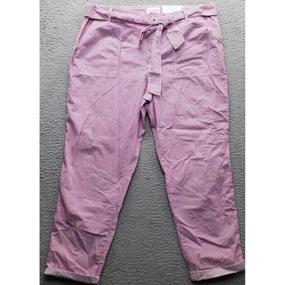 Liz Claiborne Straight Leg Pants Women's 14 Multi Striped Arcuate Pockets Belted